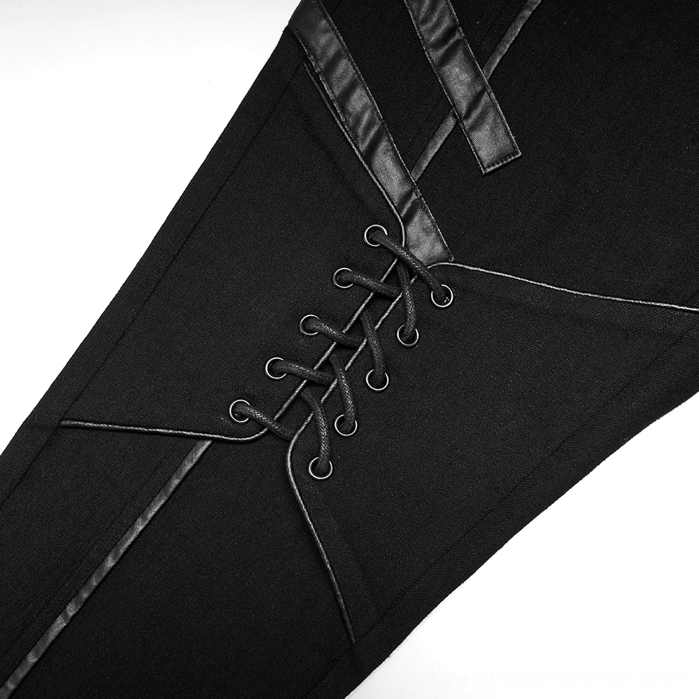 Black gothic lace-up skinny jeans texture and fabric detail, showcasing 98% cotton denim with faux leather panel composition for women
