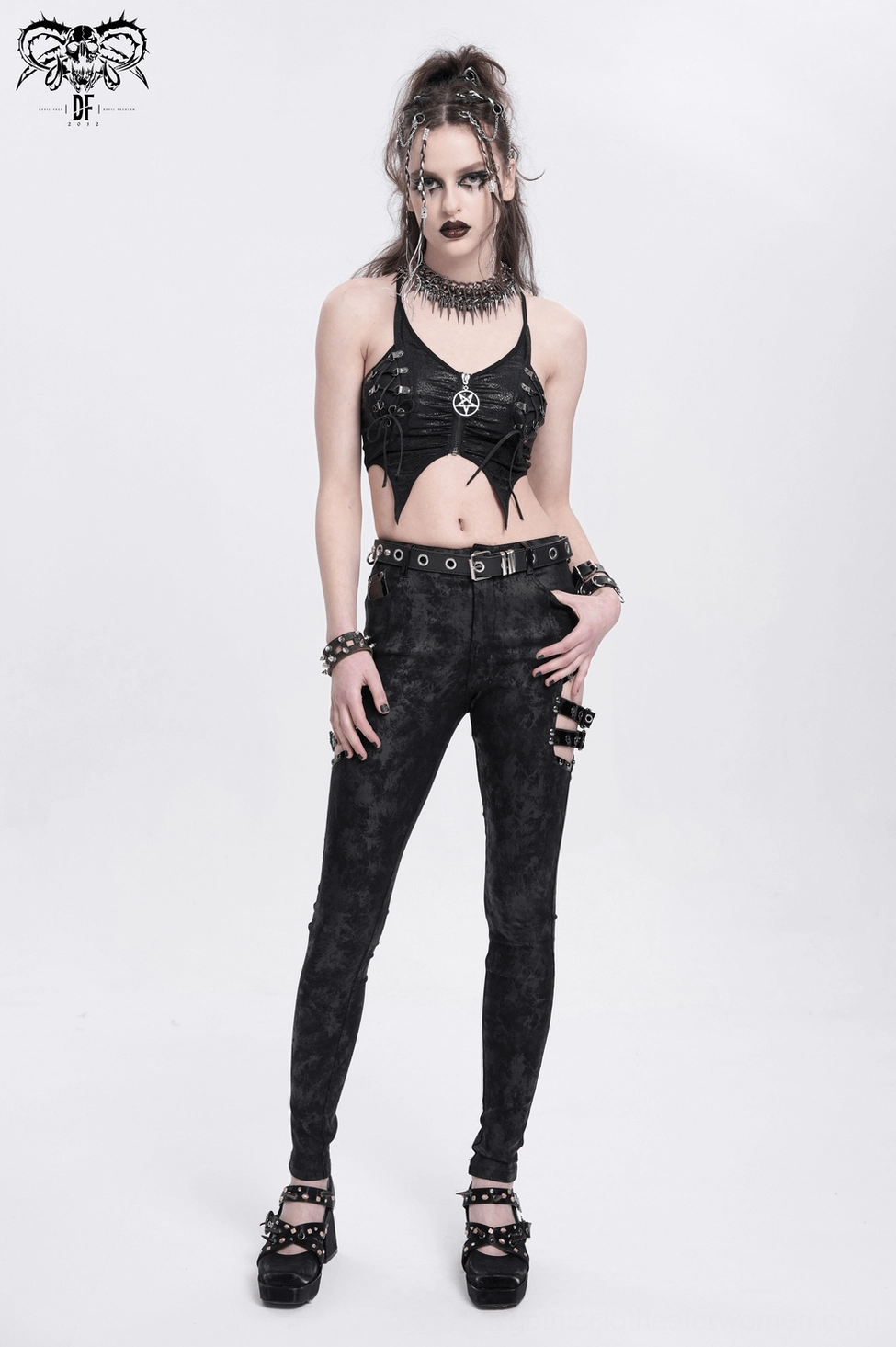 Black gothic skinny pants side buckle detail showing deconstructed punk aesthetic