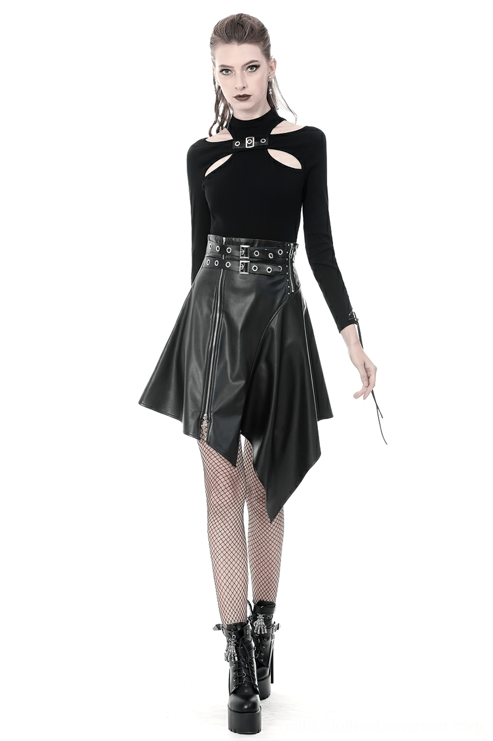 Front detail view of black gothic skirt asymmetric hem and metal zipper on female model