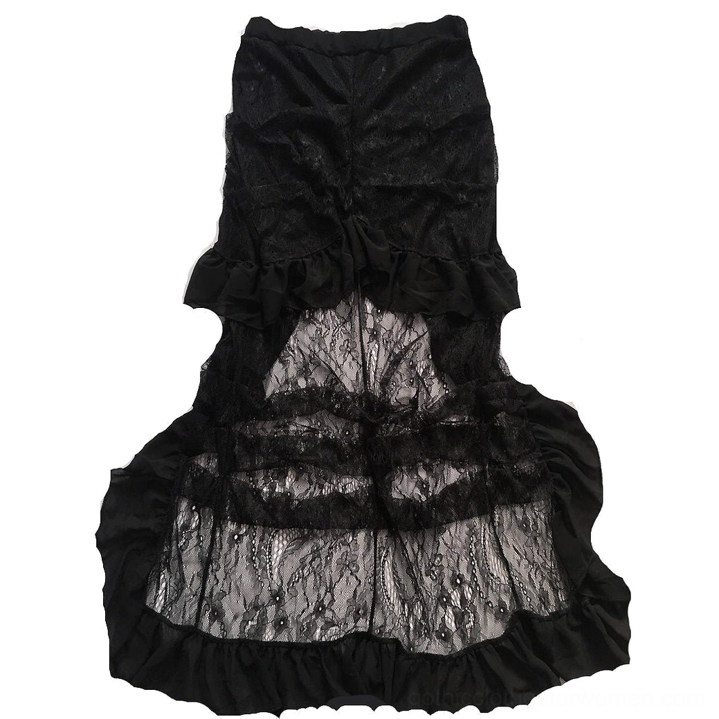 Black gothic asymmetrical skirt lace overlay ruffled open back design rear view
