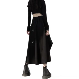 Back view of black gothic punk skirt showing asymmetrical silhouette and heart-shaped metal buckle hardware