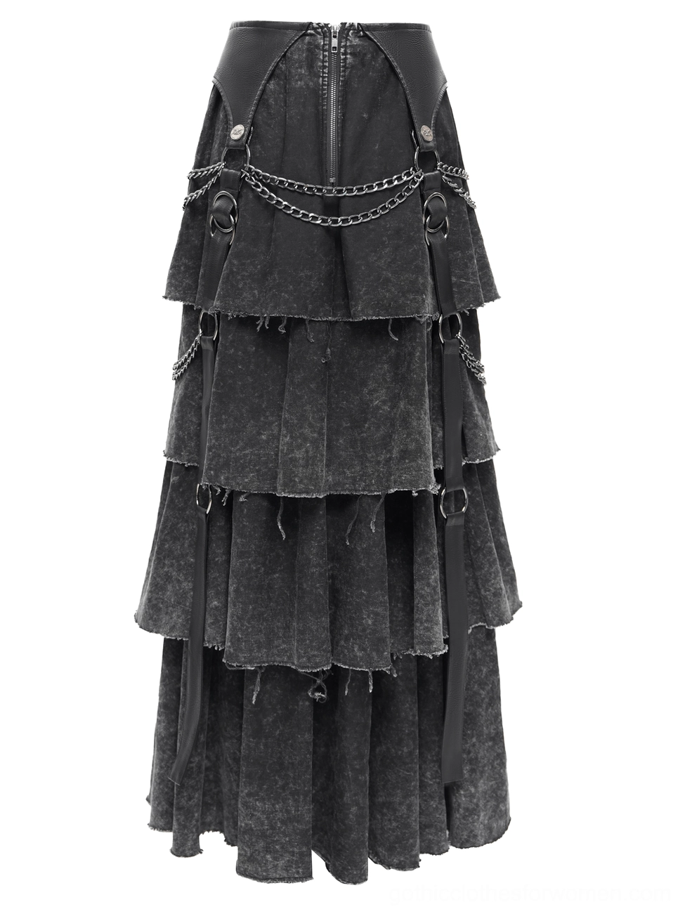 Back flat lay view of black gothic maxi skirt showing back zipper and chain strap details across tiered layers