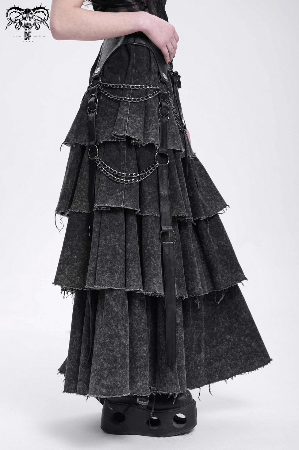 Black gothic maxi skirt rear view highlighting back zipper closure and chain strap arrangement on tiered layers