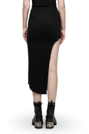 Gothic asymmetric black skirt back view showing hidden zipper and metal chain side detail