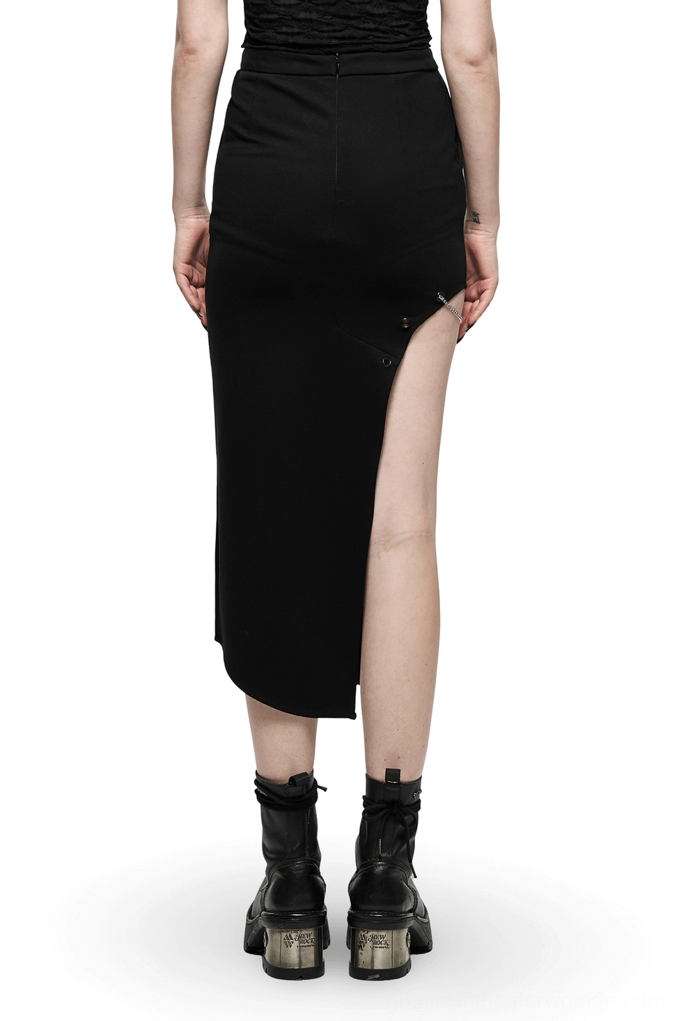 Gothic asymmetric black skirt back view showing hidden zipper and metal chain side detail