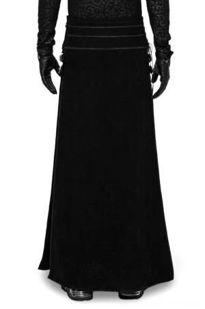 Gothic long skirt rear view displaying layered waist trim and metal zipper closure