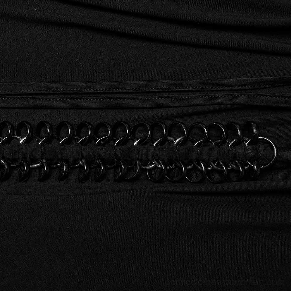 Black metal chain lace-up hardware detail on gothic skirt with smooth jersey fabric