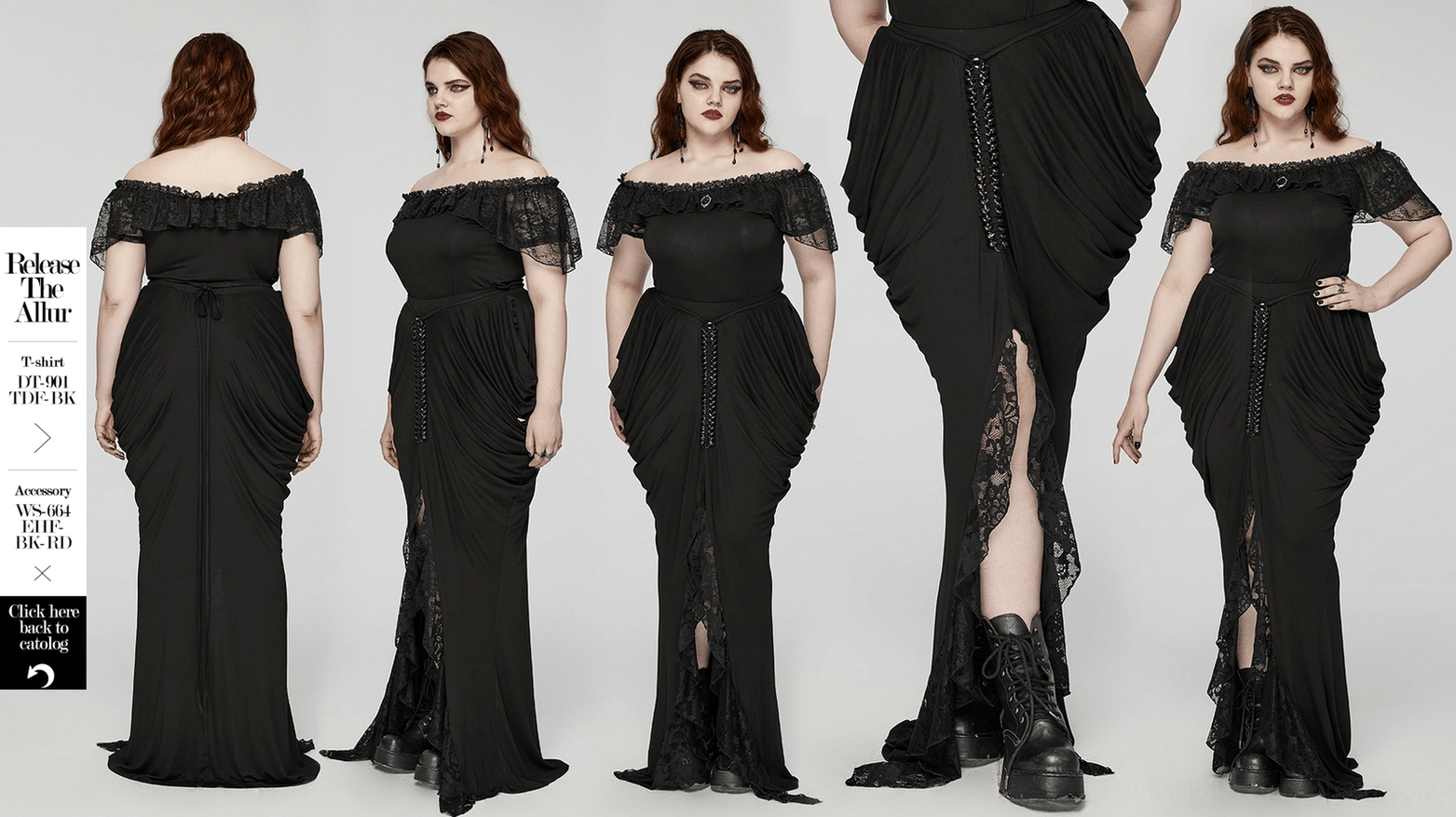 Black gothic maxi skirt alternative angle showing chain hardware and pleated construction