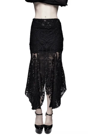 Black velvet embossed gothic skirt with sheer damask ruffles, front view on model