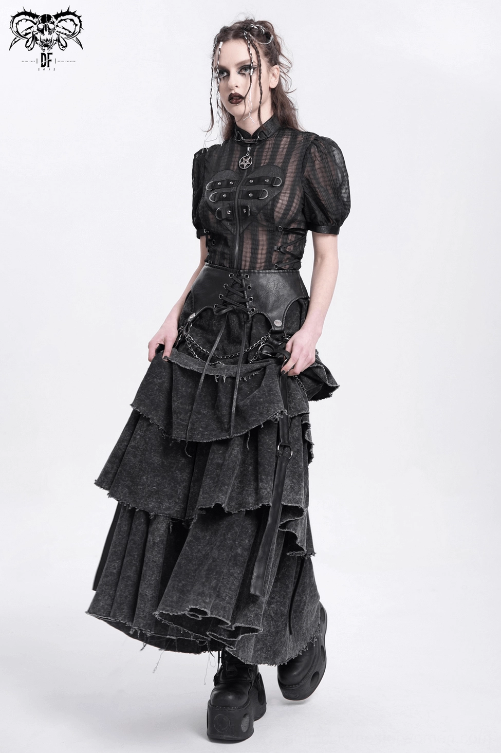 Black gothic layered skirt detailed side view showing tiered ruffles chain decorations and leather waist panel