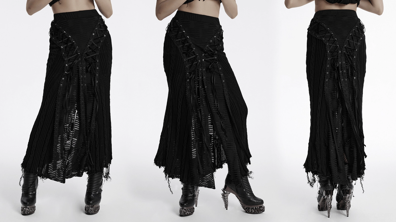 Black gothic lace-up knit maxi skirt displaying distressed knit panels and customizable drawstring styling