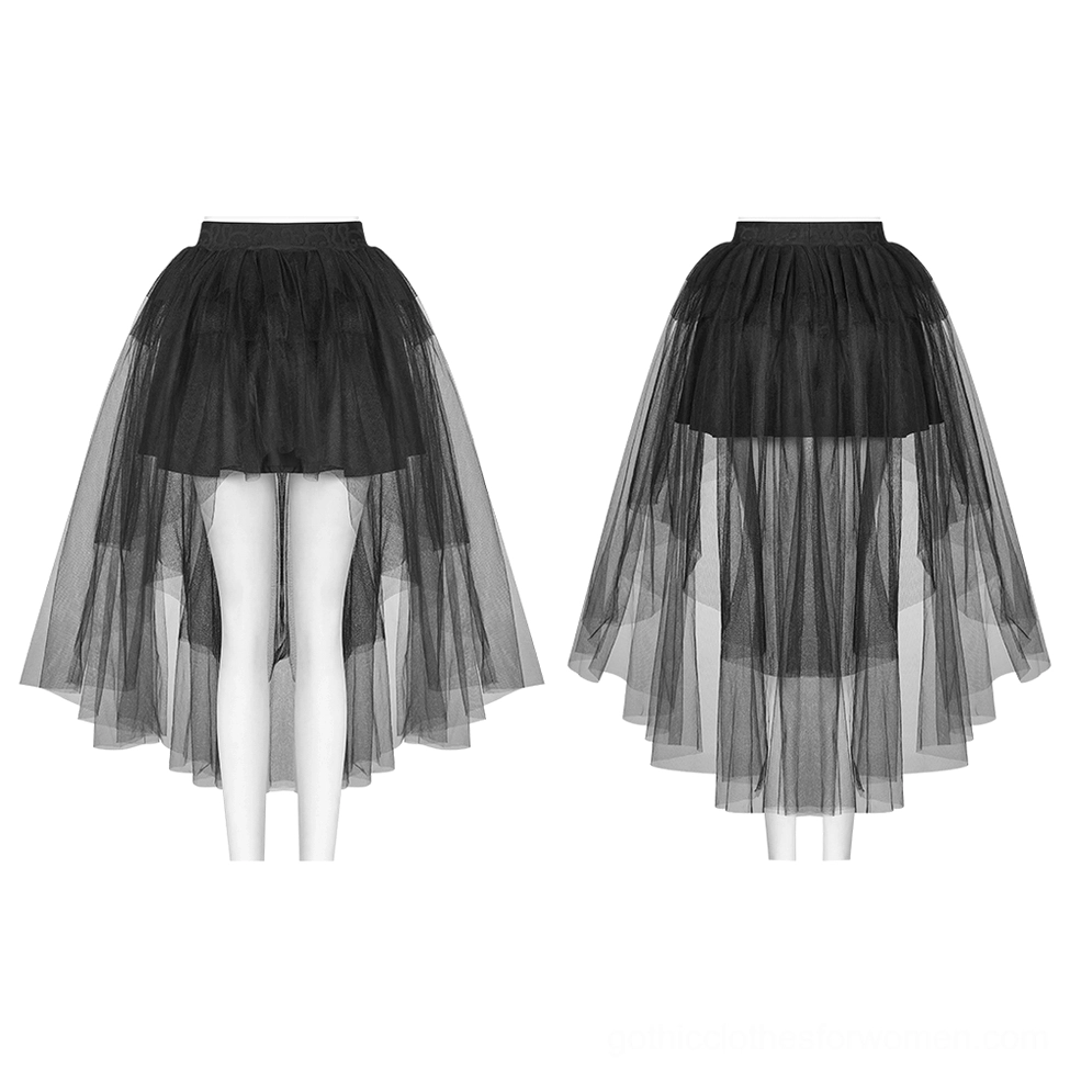 Black high-low asymmetrical gothic bustle skirt on dress form front view full length