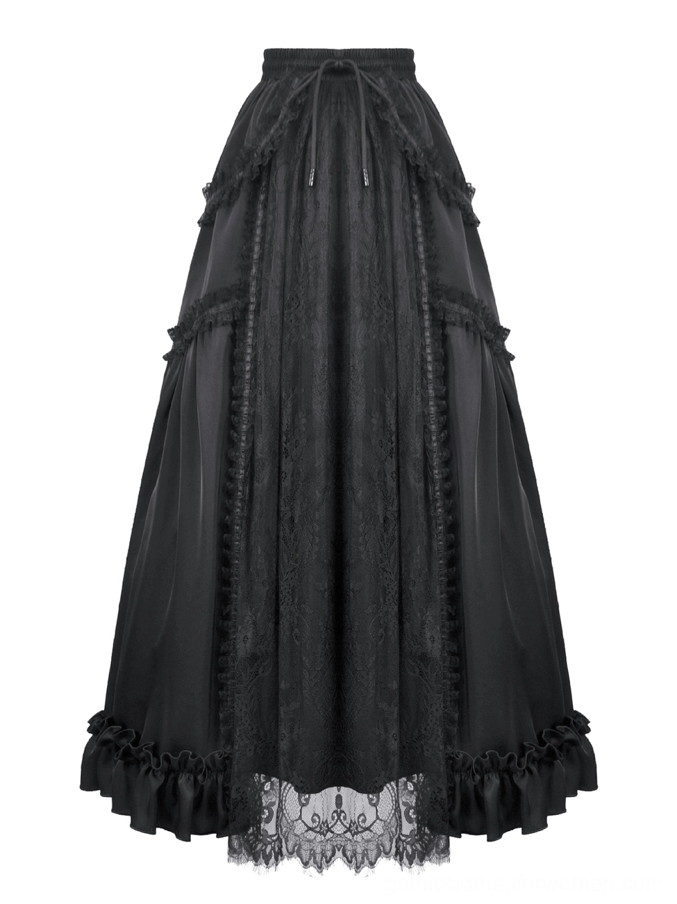 Black gothic lace maxi skirt flat lay front view showing drawstring waist and layered lace paneled hem