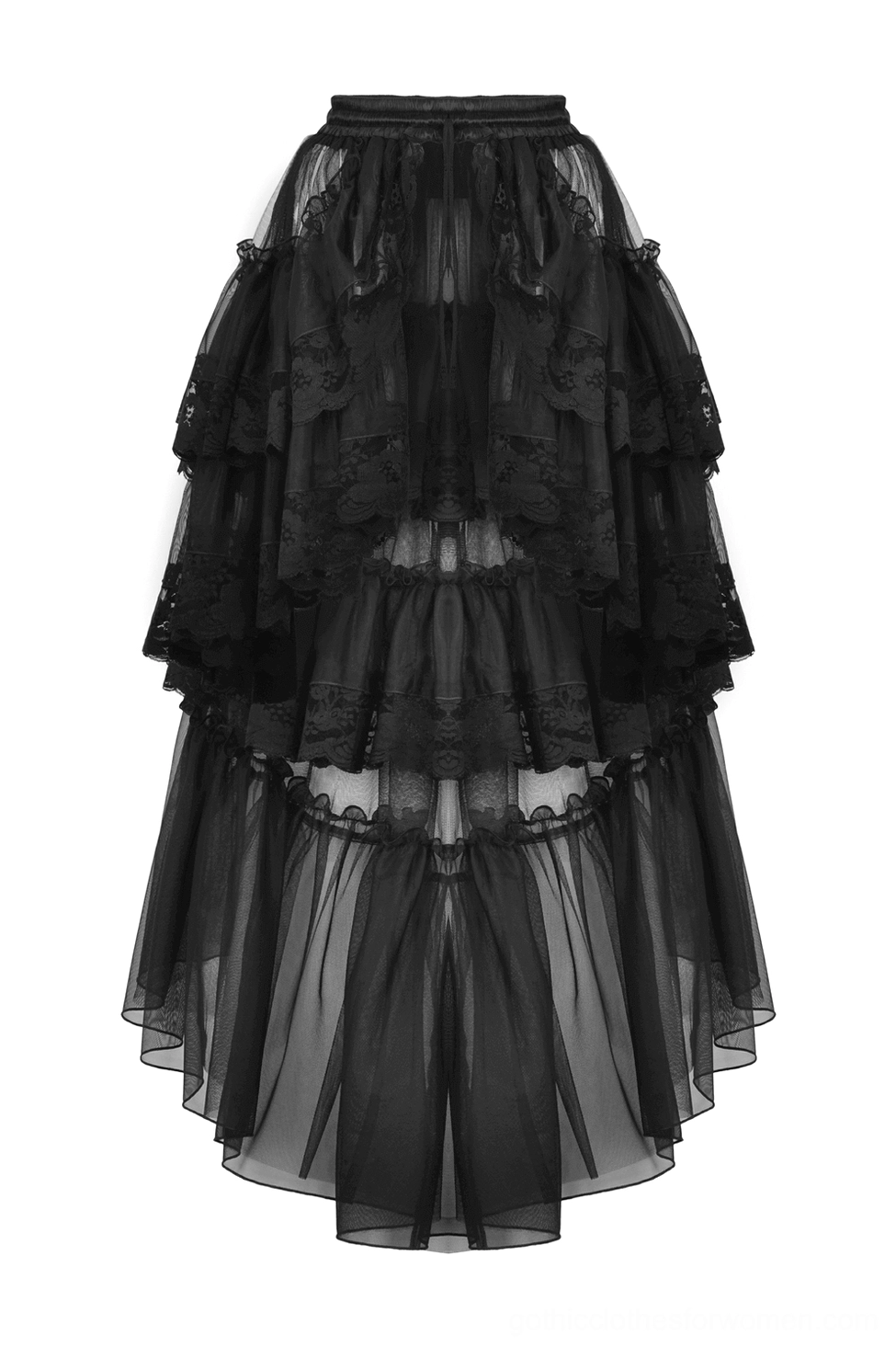Flat lay view of black gothic ruffled skirt showing lace-trimmed tiered tulle construction and full silhouette