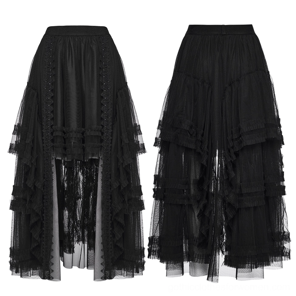 Black gothic layered mesh skirt flat lay front view displaying asymmetric hem and lace trim details