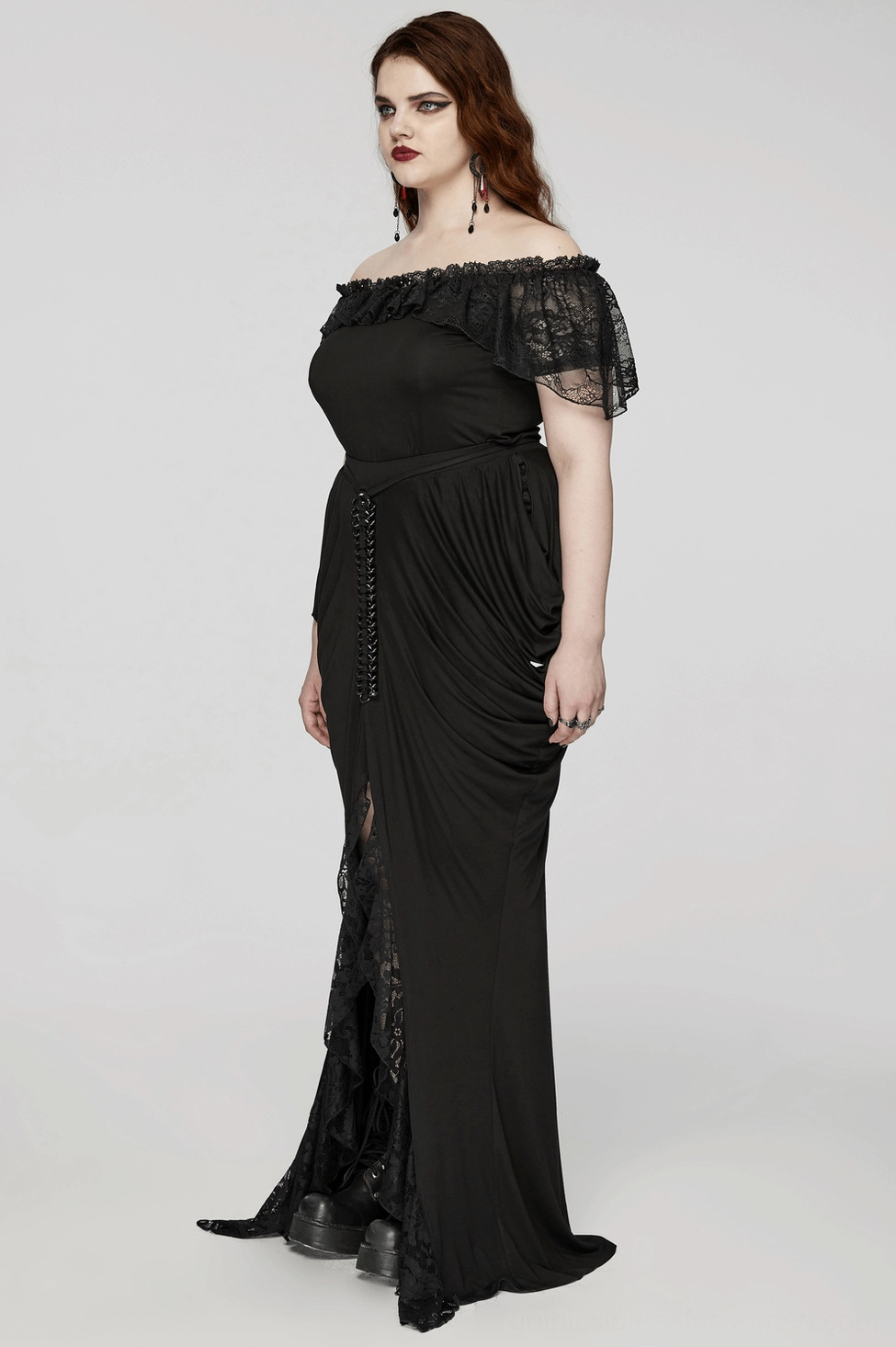 Black gothic maxi skirt front lace split and chain accent detail close-up