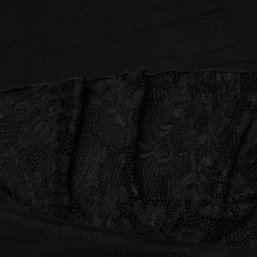 Black gothic skirt fabric texture detail showing jersey knit paired with intricate floral lace trim