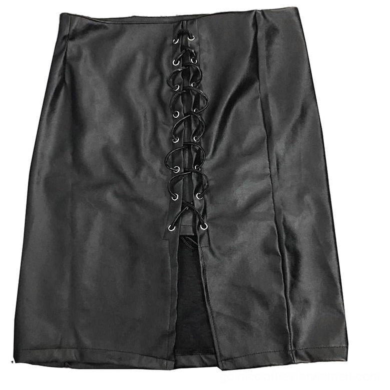 Flat lay detail of black gothic pencil skirt front showing lace-up system with exposed inner lining