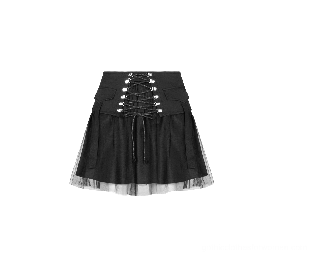 Black gothic lace-up mini skirt front flat lay close-up showing metal eyelets and braided rope lacing hardware