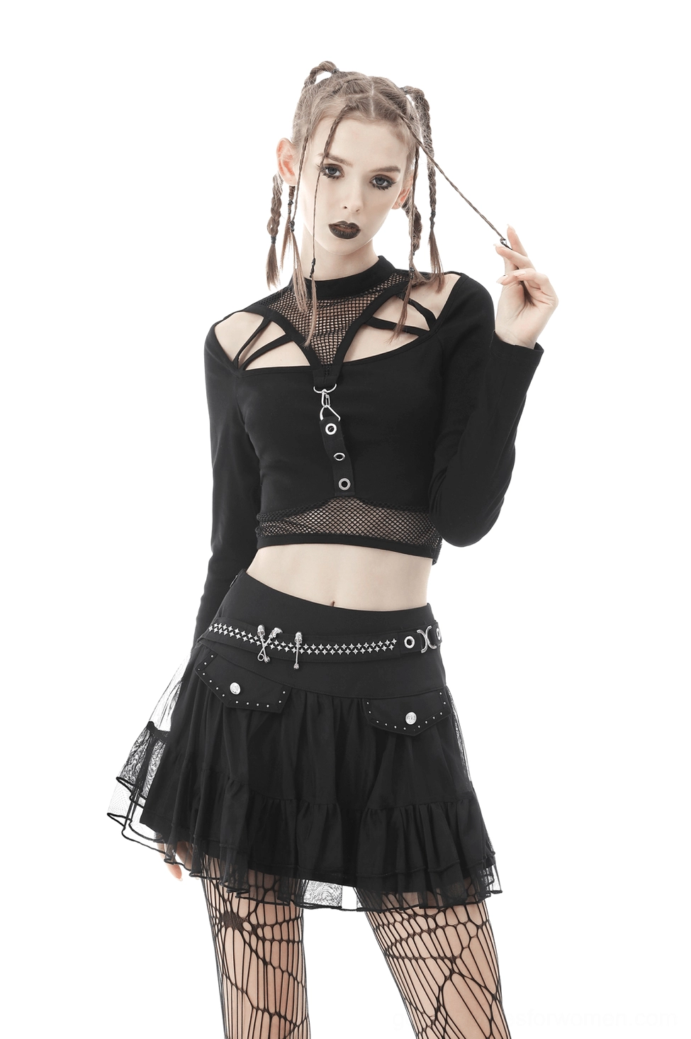 Black gothic mini skirt with tiered mesh layers and metal embellishments for goth club wear