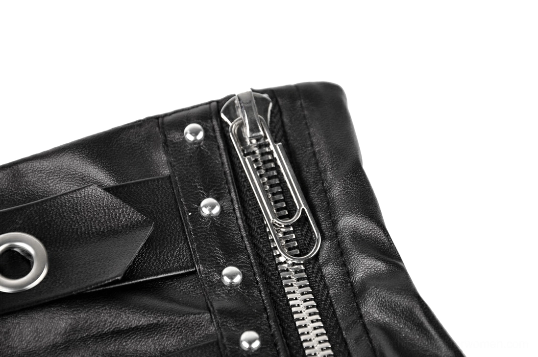 Side detail close-up of black faux leather gothic skirt showing metal zipper, rivets, and leather strap hardware