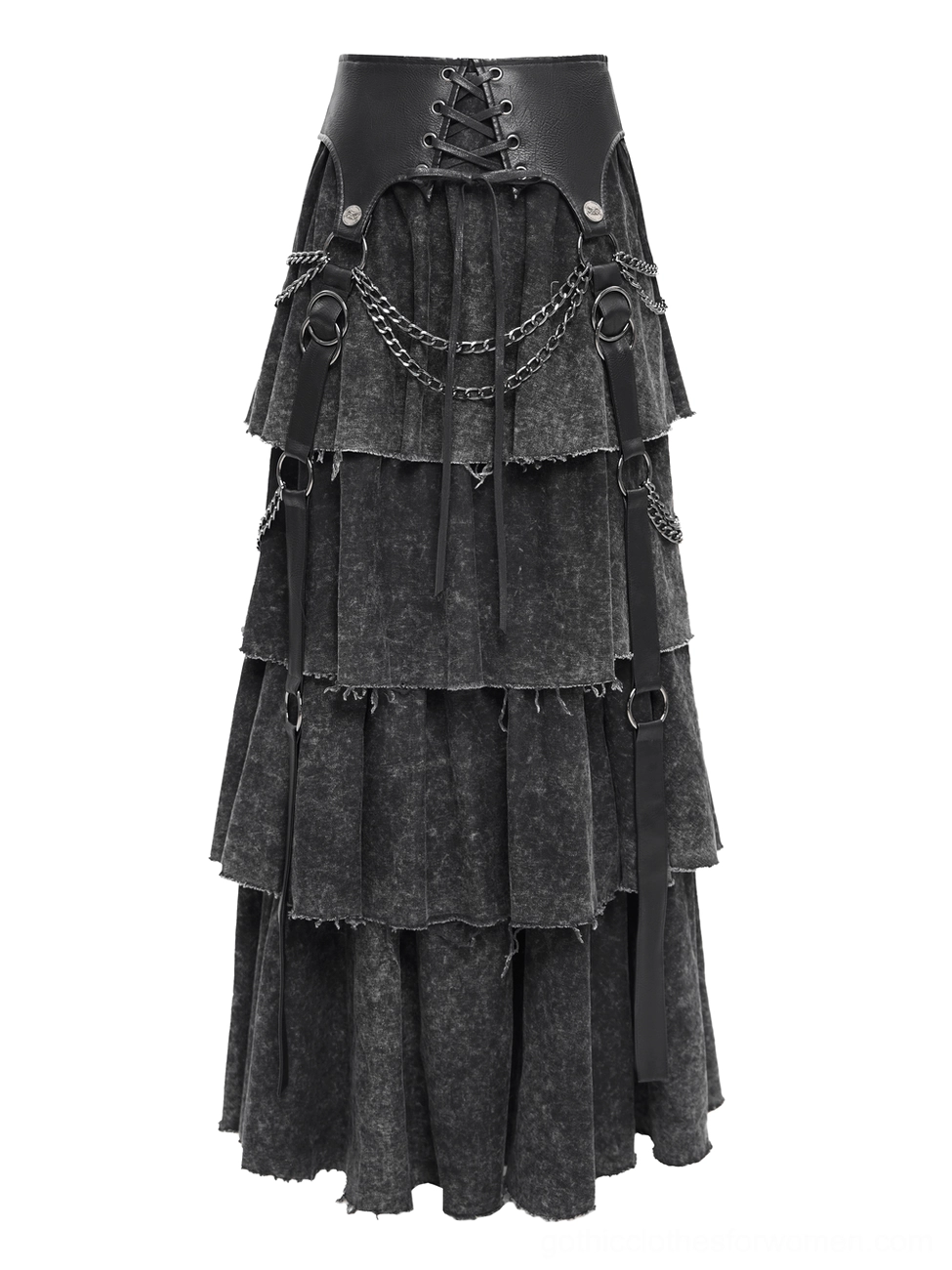 Flat lay top-down view of black gothic maxi skirt showing full width and washed fabric texture with metal chain accents