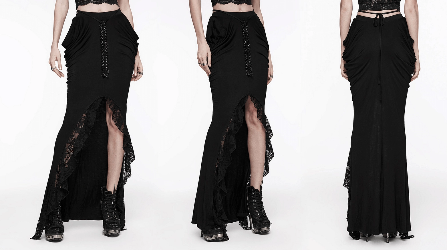 Black pleated gothic skirt rear full-body view on model showing draped fabric and hem construction