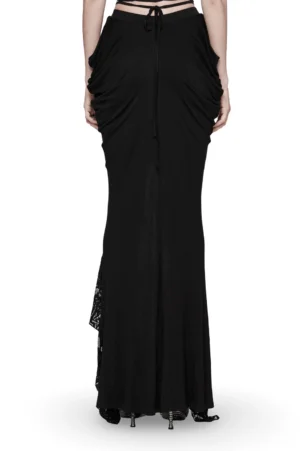 Black pleated gothic skirt with draped fabric and drawstring waist, full-body rear view showing floor-length hem