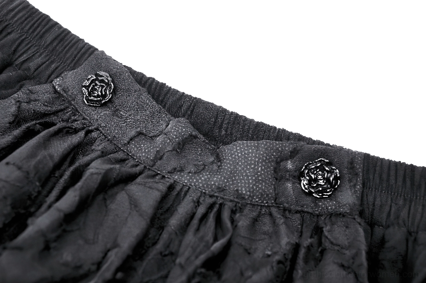 Black gothic skirt front waist closure - rose metal buttons with dotted waist trim detail