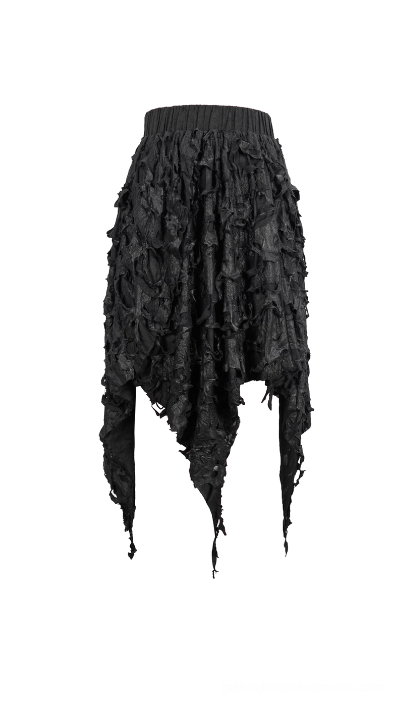 Black gothic skirt right side flat lay, irregular cut handkerchief hem, textured knit weave, punk alternative style