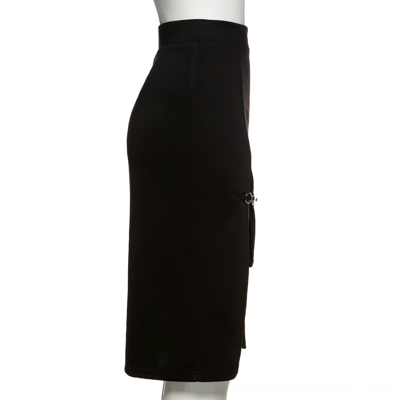 Side profile of black gothic pencil skirt with single metal ring cutout detail