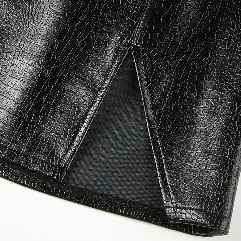 Black croc PU leather mini skirt side slit detail, showing black inner lining and precise stitching
