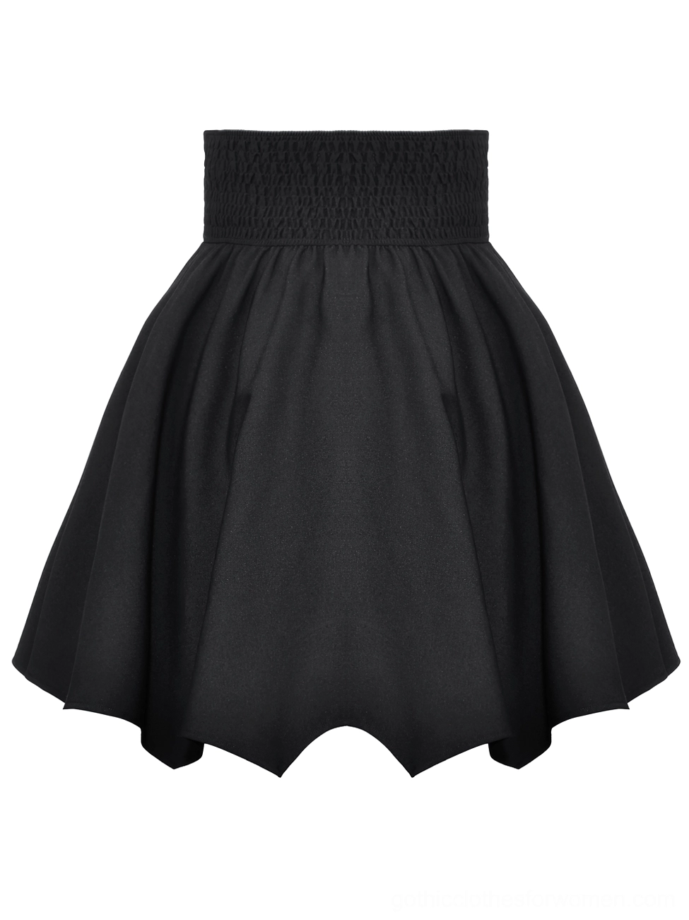 High-waisted black gothic A-line mini skirt with smocked elastic waist flat front