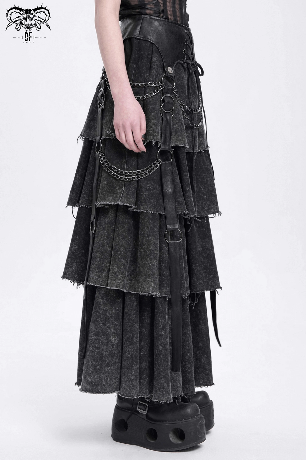 Black gothic maxi skirt styling view demonstrating how chains and leather waist integrate with tiered silhouette