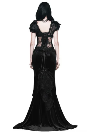 Black gothic skirt with short train and lace overlay, back full-length view showing fishtail hem design