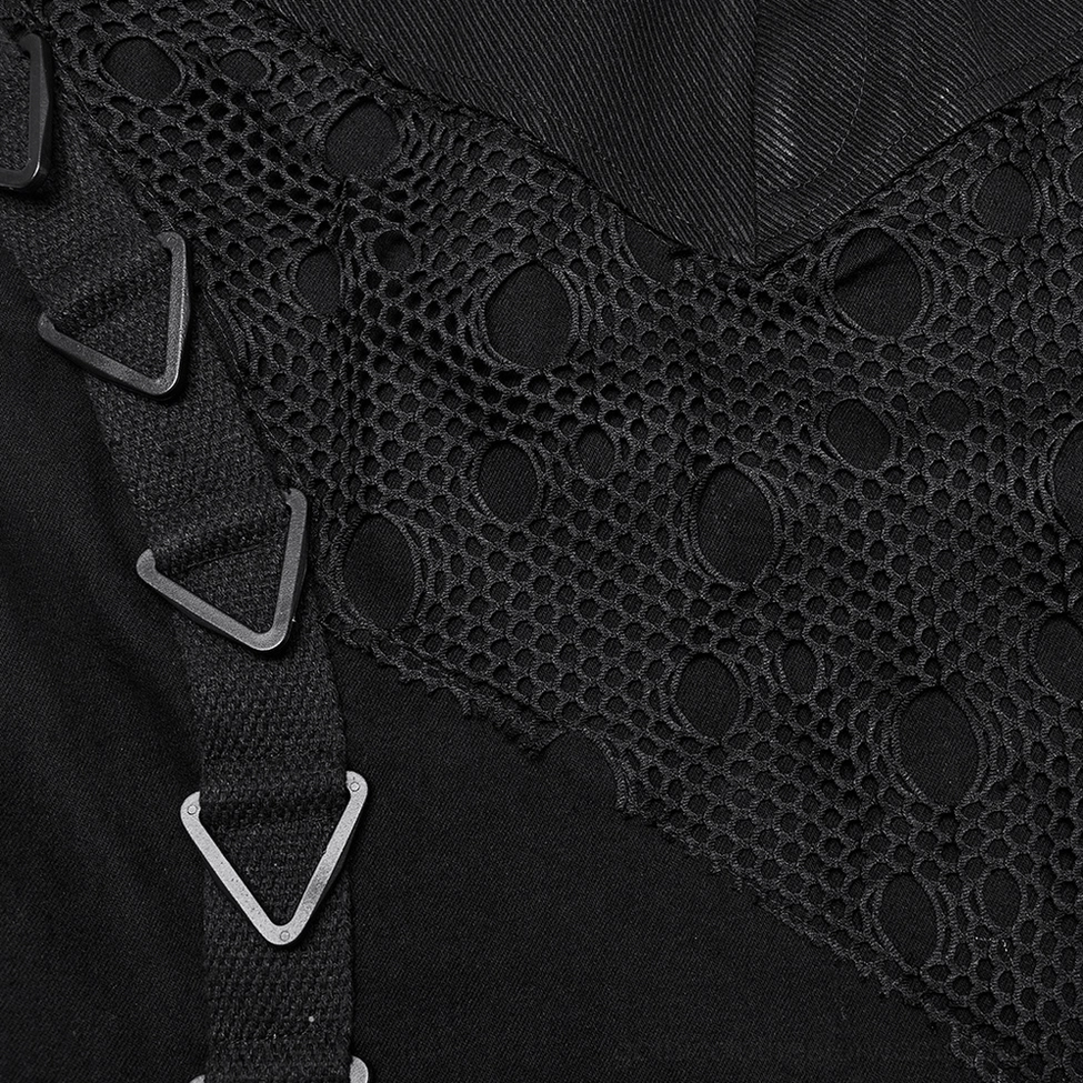 Triangular buckle strap and mesh panel detail, fishnet perforated insert, black gothic hardware close-up