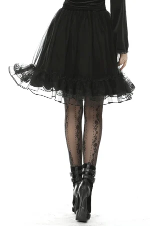Black gothic velvet skirt with ruffled tulle overlay and scalloped lace hem - rear view detail