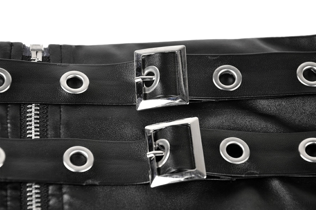 Close-up detail of black gothic skirt waist hardware showing double leather belts with metal buckles and grommet holes