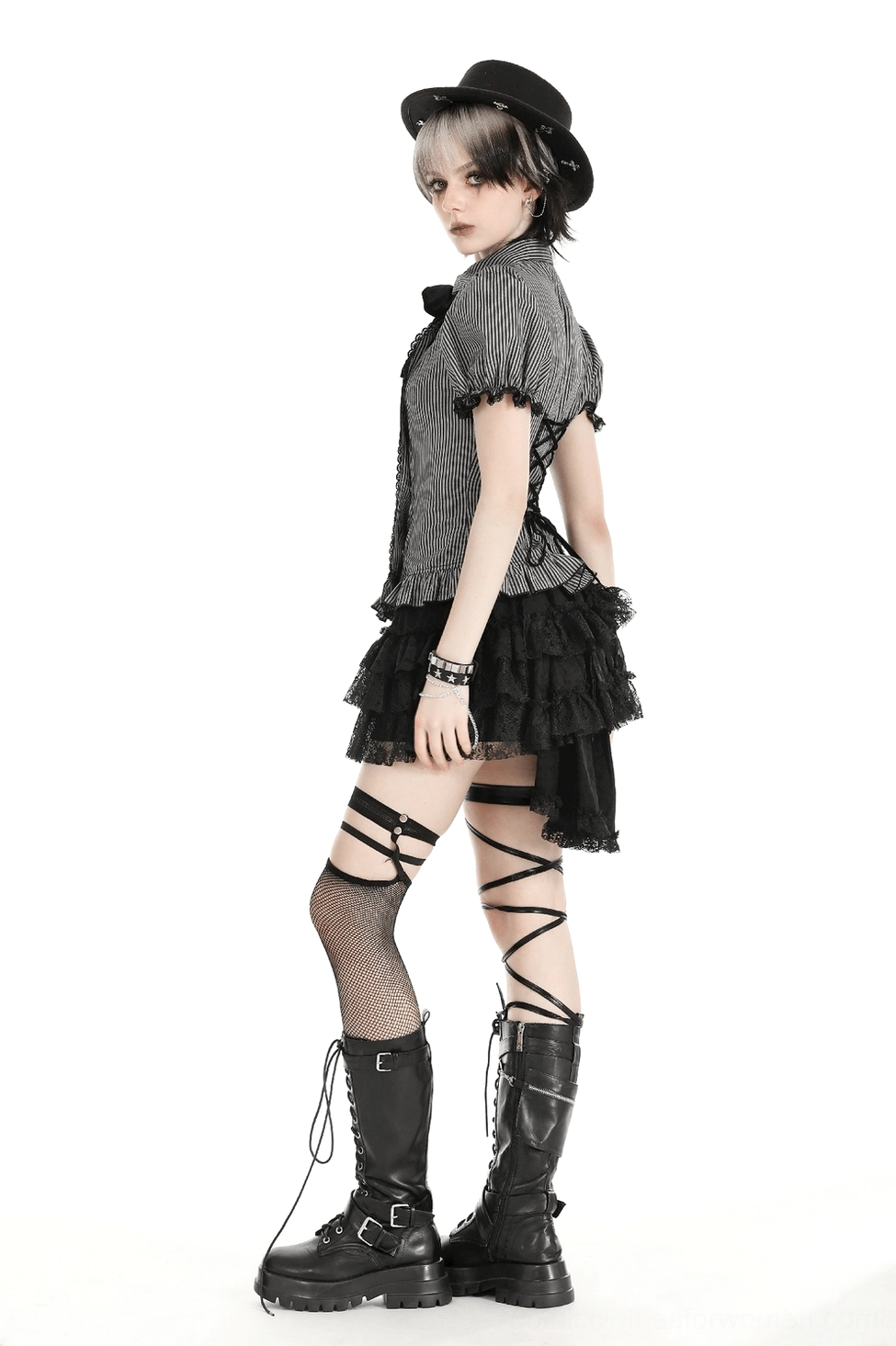 Black gothic tiered ruffle skirt detail - close-up showing elastic waistband and ruffled construction
