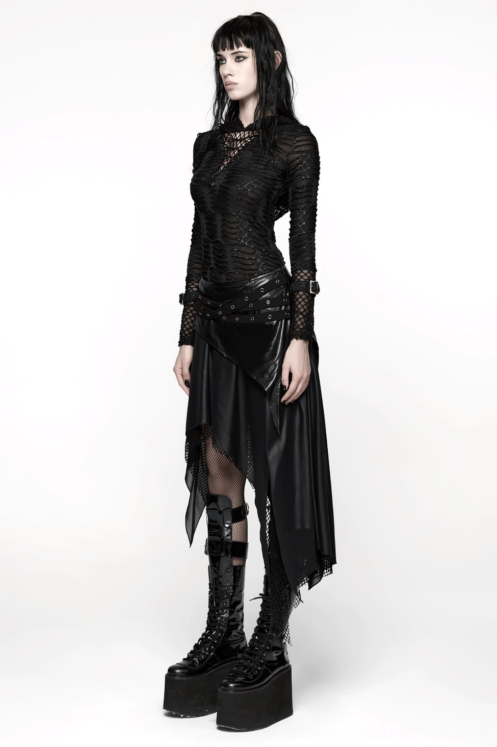 Black gothic skirt worn styling shot showing silhouette and fit on model
