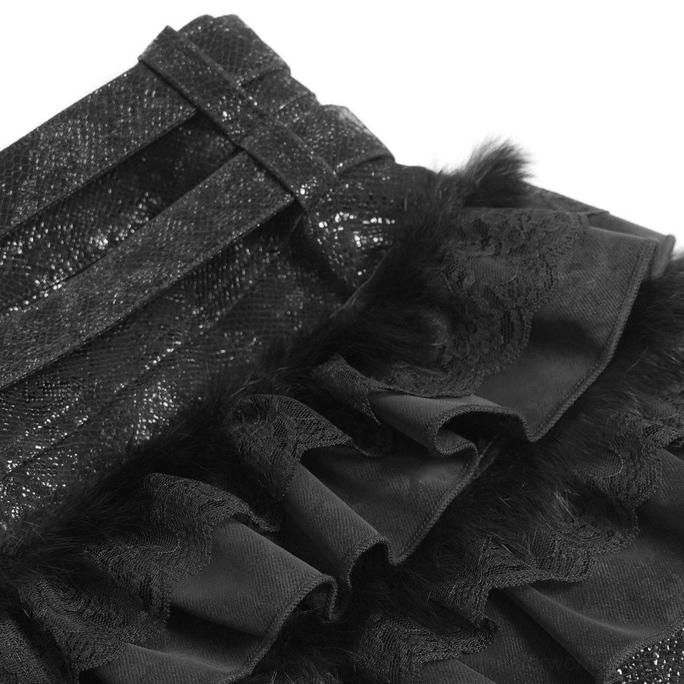 Black gothic skort with star buckle belt and faux fur accents, detailed product view
