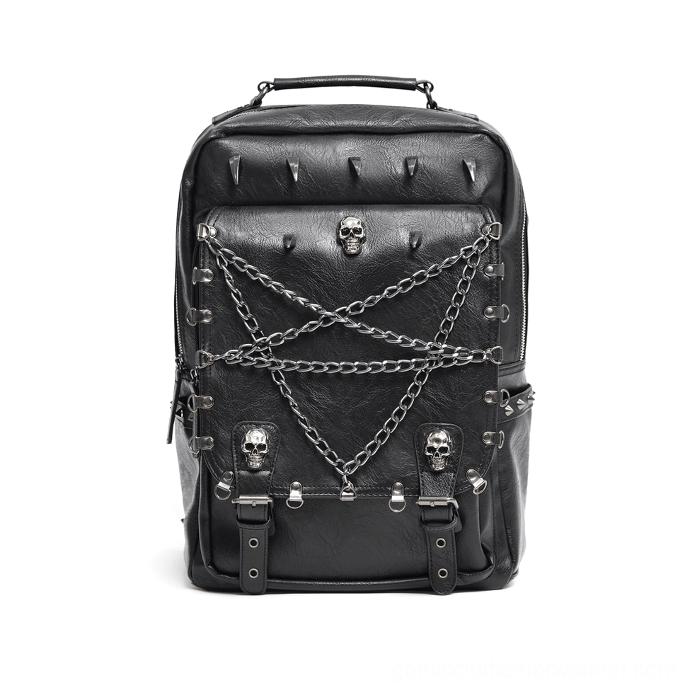 Front flat lay display of black faux leather gothic backpack with pentagram chains, skull ornaments and studded spike trim