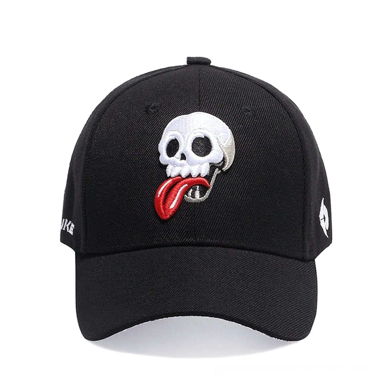 Alternative skull baseball cap front view - black gothic cap with prominent embroidered tongue-out skull motif