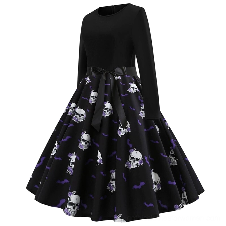 Black gothic skull and bat print dress with waist bow and long-sleeve design