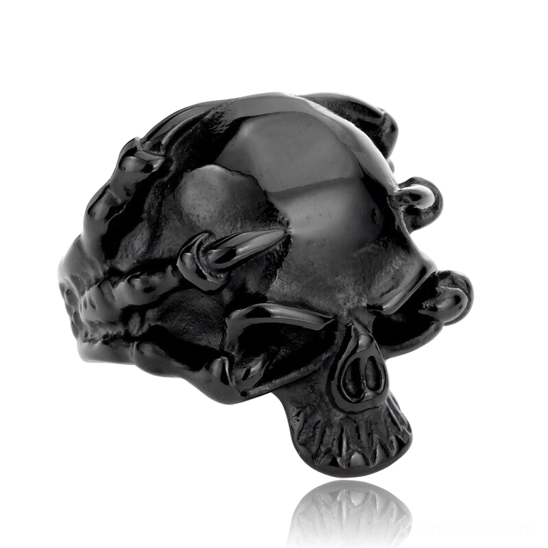 Black matte skull claw ring - gothic skeleton biker jewelry in blackened stainless steel, front side view with carved texture