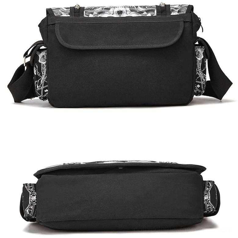 Black gothic skull crossbody bag lifestyle shot showcasing complete product with carrying capacity and design aesthetic