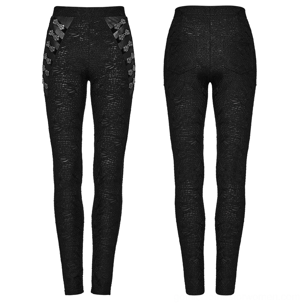 Black gothic skull leggings flat lay display, front and rear views showing complete lace pattern and side buckle placements