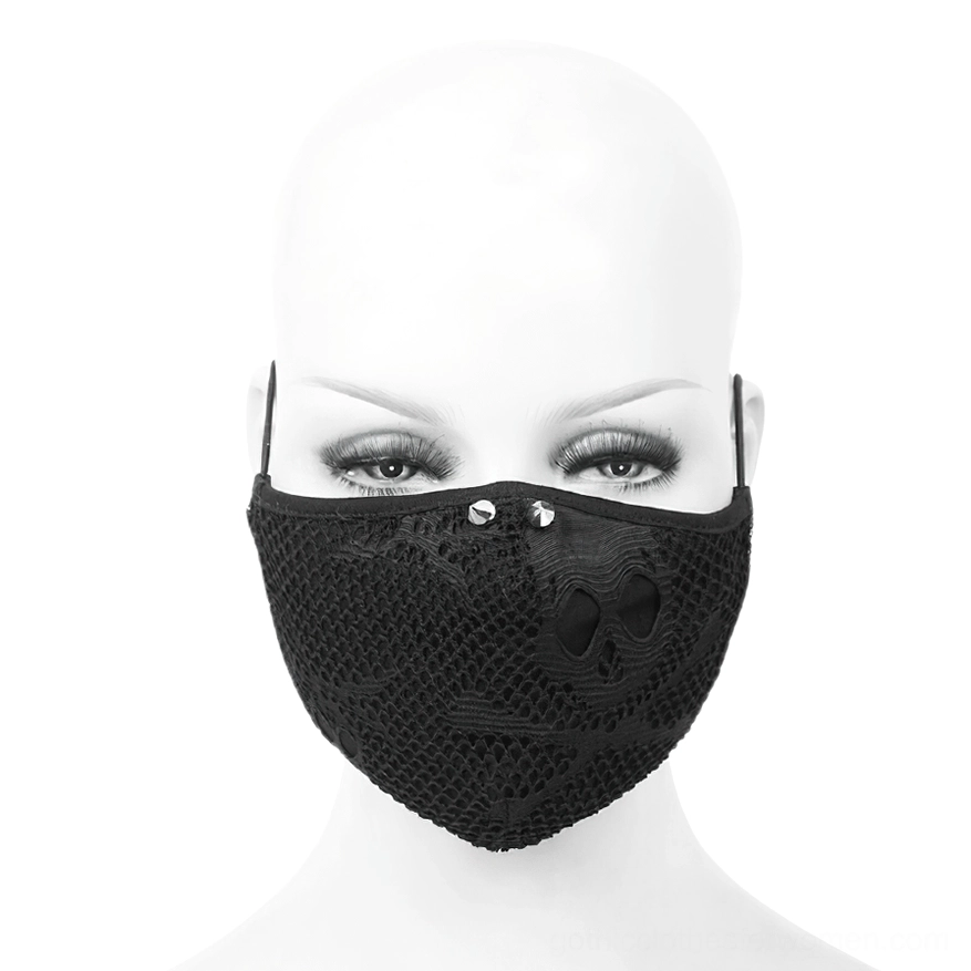 Black skull mesh gothic face mask full face display on mannequin head with silver stud details