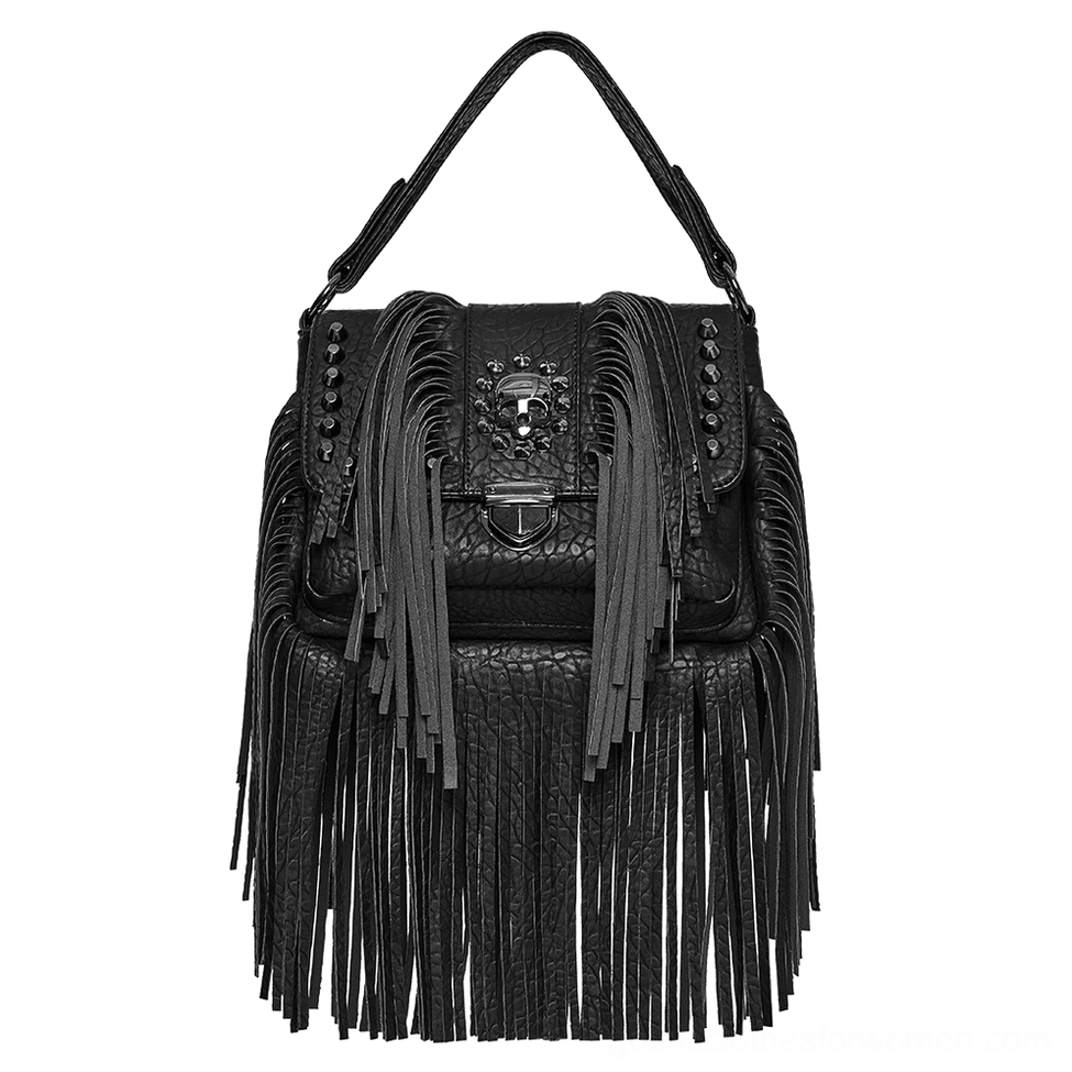 Black pebbled leather skull tassel handbag flat lay display - gothic design details