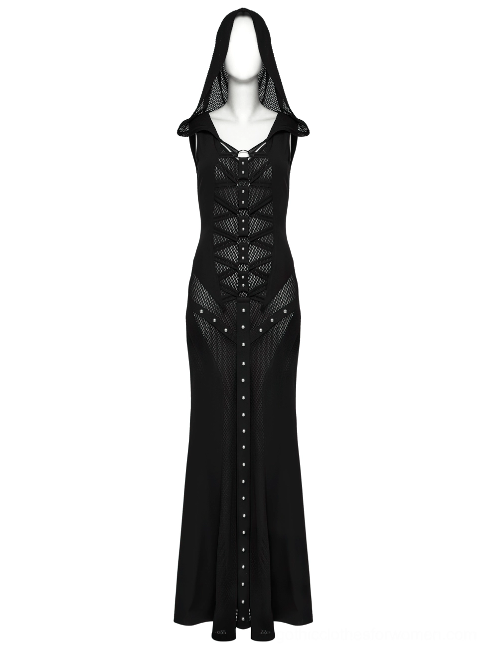 Black gothic sleeveless hooded maxi dress front close-up on headless form with metal rivet trim and mesh details